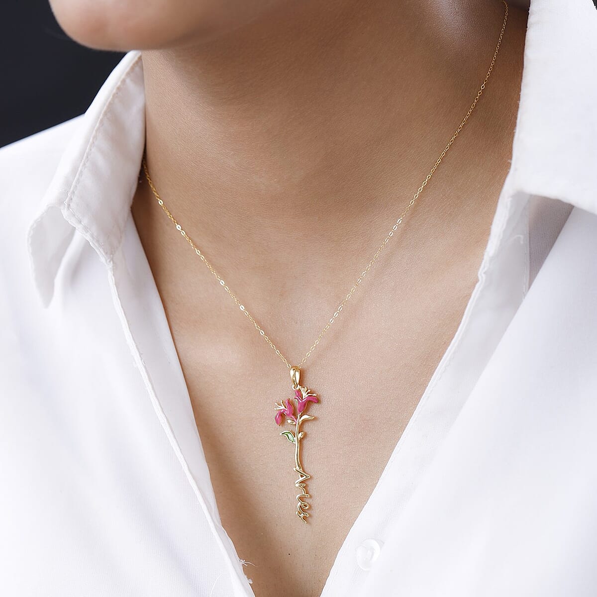 Pink and Green Enameled Aries Zodiac Birth Honeysuckle Pendant Necklace,Statement Jewlery,Gift For Women (16-18 Inches) in 14K YG Over Sterling Silver image number 4