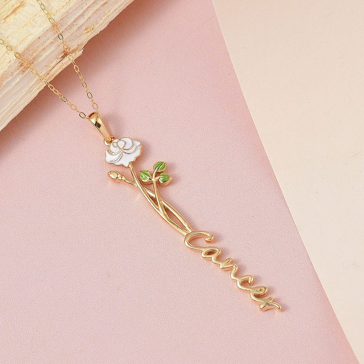 White and Green Enameled Cancer Zodiac White Rose Birth Flower Pendant Necklace,Statement Jewlery,Gift For Women (16-18 Inches) in 14K YG Over Sterling Silver image number 1