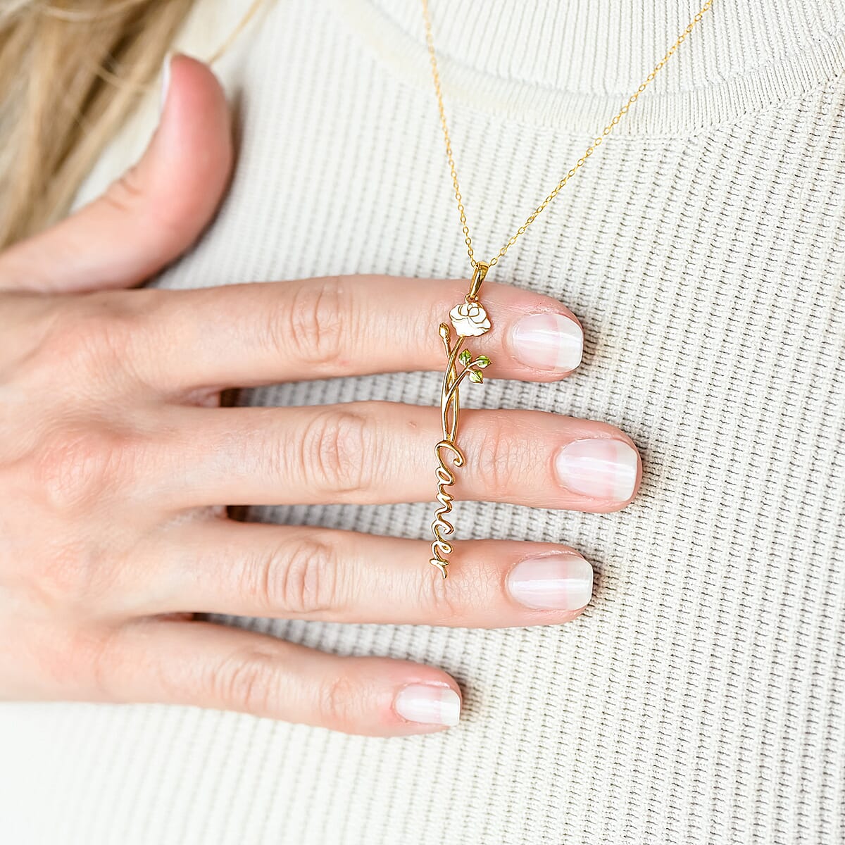 White and Green Enameled Cancer Zodiac White Rose Birth Flower Pendant Necklace,Statement Jewlery,Gift For Women (16-18 Inches) in 14K YG Over Sterling Silver image number 3