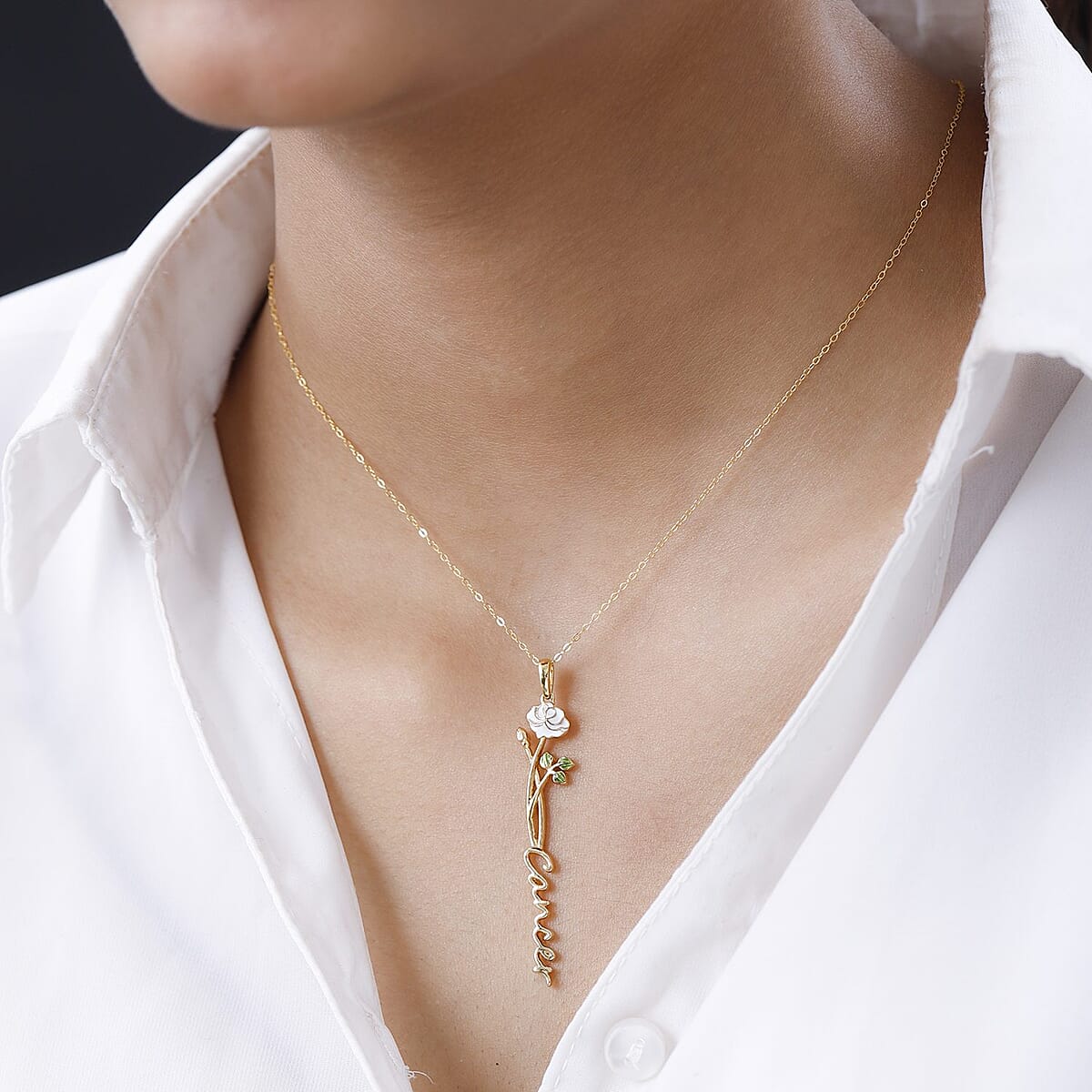 White and Green Enameled Cancer Zodiac White Rose Birth Flower Pendant Necklace,Statement Jewlery,Gift For Women (16-18 Inches) in 14K YG Over Sterling Silver image number 4