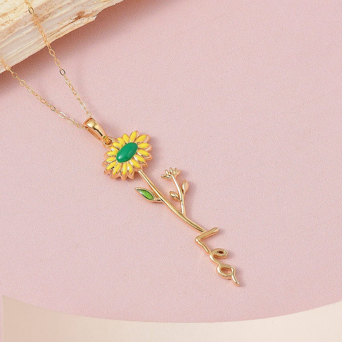 Yellow and Green Enameled Leo Zodiac Birth Sunflower Pendant Necklace,Statement Jewlery,Gift For Women (16-18 Inches) in 14K YG Over Sterling Silver image number 1