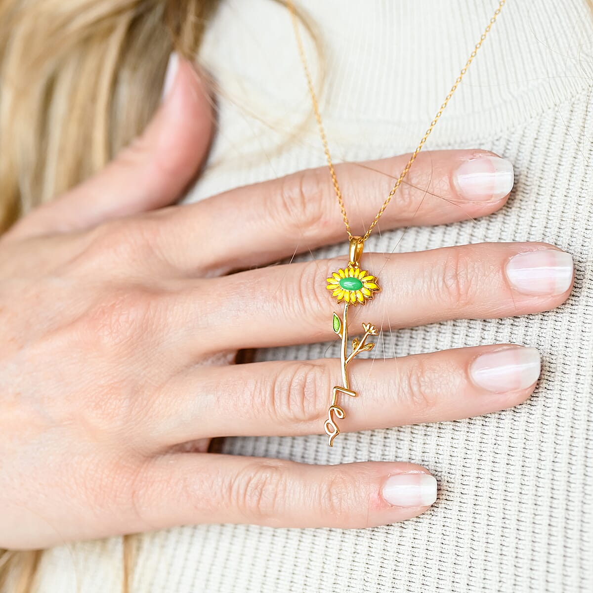 Yellow and Green Enameled Leo Zodiac Birth Sunflower Pendant Necklace,Statement Jewlery,Gift For Women (16-18 Inches) in 14K YG Over Sterling Silver image number 3