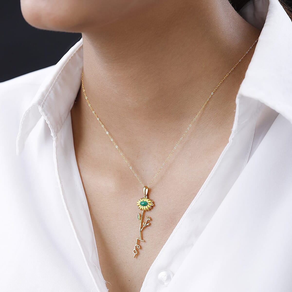 Yellow and Green Enameled Leo Zodiac Birth Sunflower Pendant Necklace,Statement Jewlery,Gift For Women (16-18 Inches) in 14K YG Over Sterling Silver image number 4