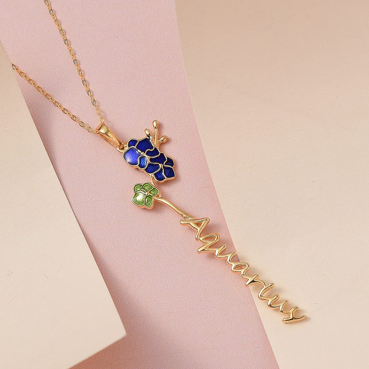 Blue and Green Enameled Aquarius Zodiac Orchid Birth Flower Pendant Necklace,Statement Jewlery,Gift For Women (16-18 Inches) in 14K YG Over Sterling Silver image number 1