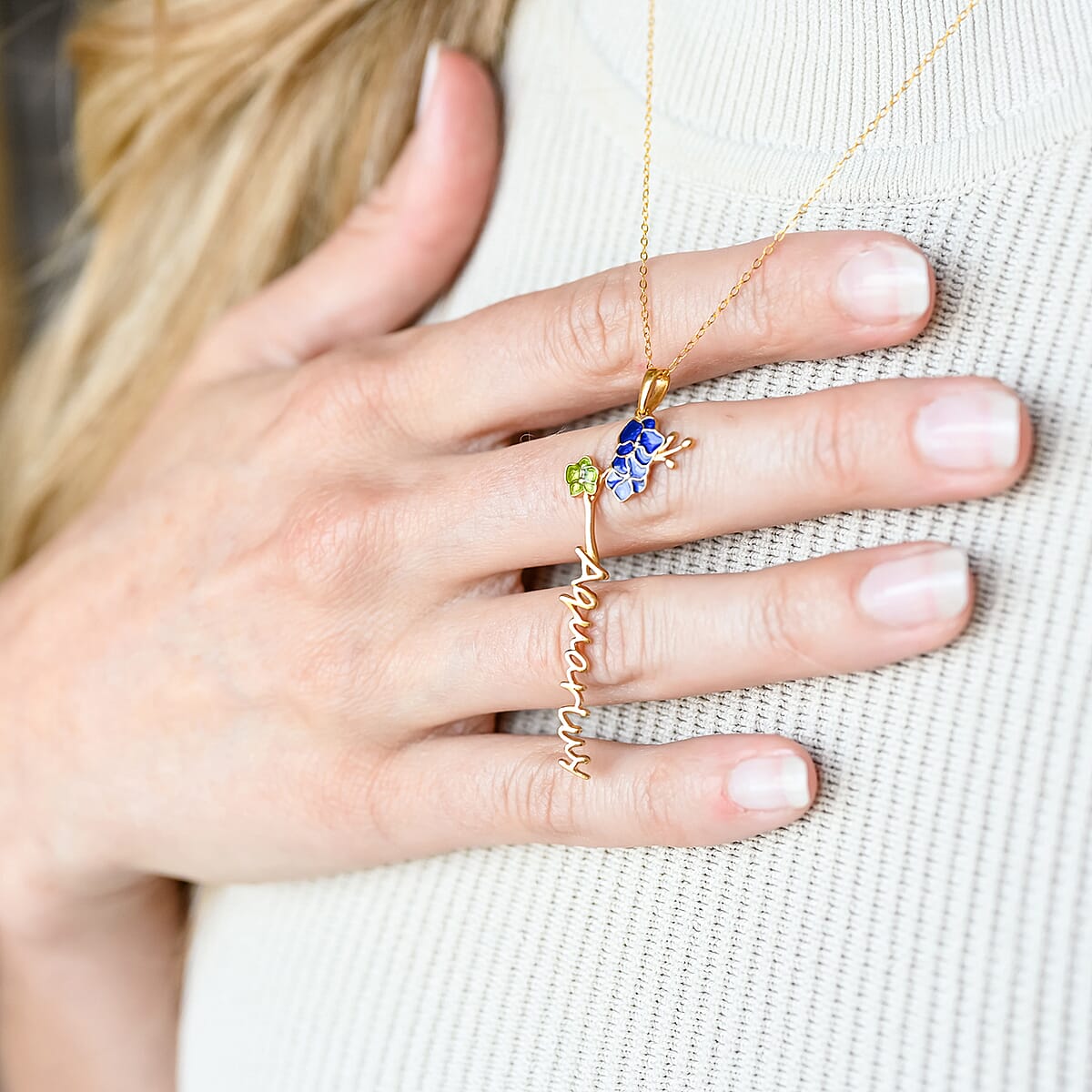 Blue and Green Enameled Aquarius Zodiac Orchid Birth Flower Pendant Necklace,Statement Jewlery,Gift For Women (16-18 Inches) in 14K YG Over Sterling Silver image number 3