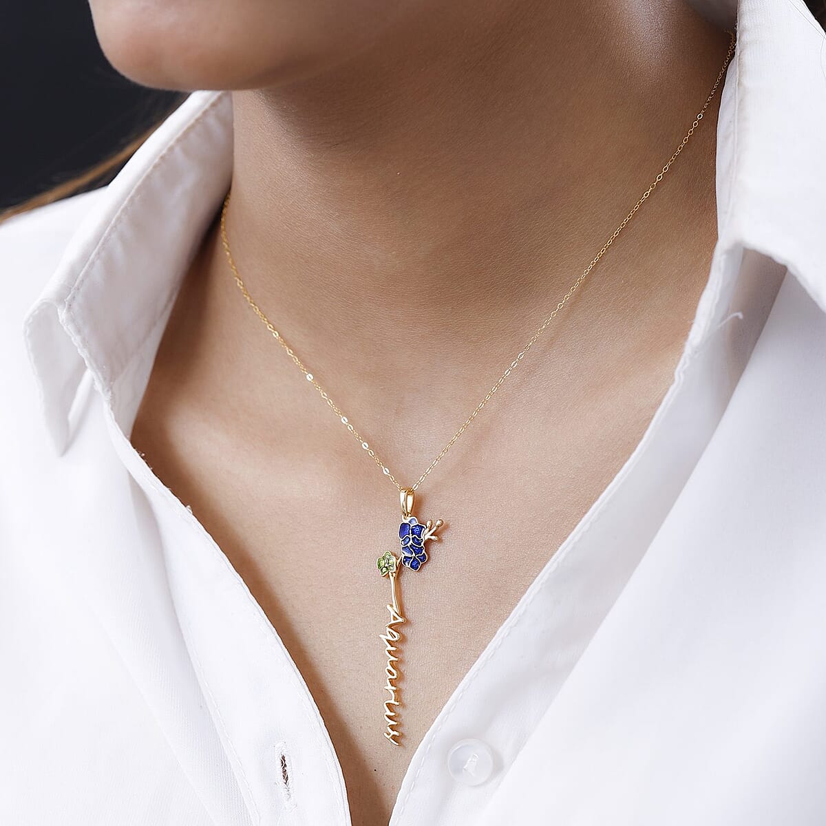 Blue and Green Enameled Aquarius Zodiac Orchid Birth Flower Pendant Necklace,Statement Jewlery,Gift For Women (16-18 Inches) in 14K YG Over Sterling Silver image number 4