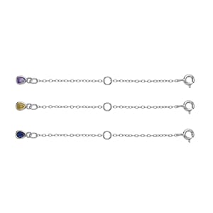 Set of 3 Simulated Yellow, Blue and Purple Diamond Extender Rolo Chain (3 Inches) and 5mm Spring Lock in Rhodium Over Sterling Silver 0.75 ctw