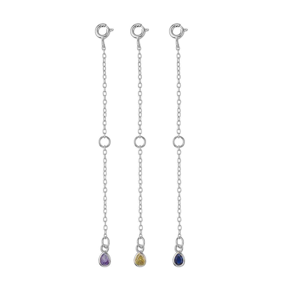 Set of 3 Simulated Yellow, Blue and Purple Diamond Extender Rolo Chain (3 Inches) and 5mm Spring Lock in Rhodium Over Sterling Silver 0.75 ctw image number 1