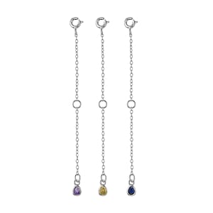 Set of 3 Simulated Yellow, Blue and Purple Diamond Extender Rolo Chain (3 Inches) and 5mm Spring Lock in Rhodium Over Sterling Silver 0.75 ctw