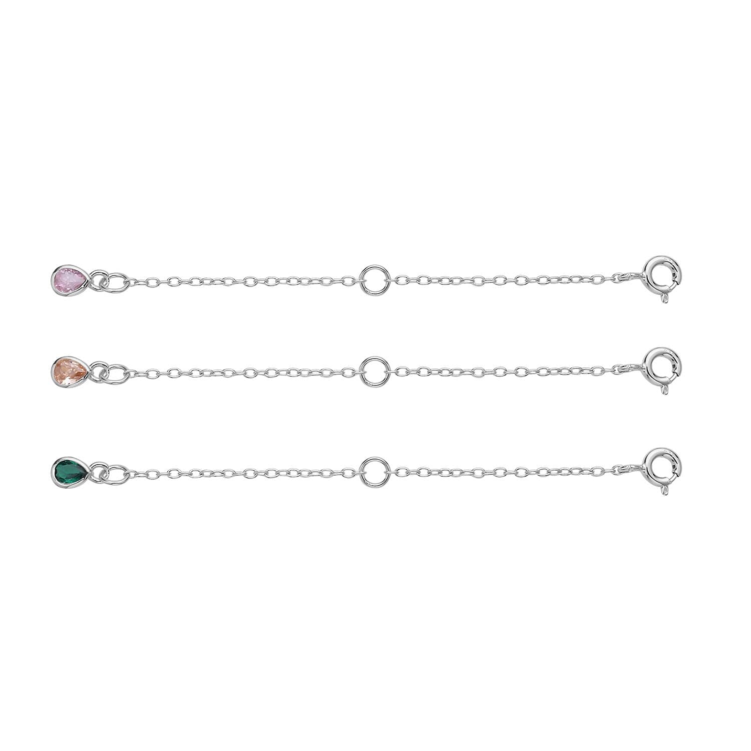 Set of 3 Simulated Champagne, Green and Pink Diamond Extender Rolo Chain with Spring Lock in Rhodium Over Sterling Silver 0.75 ctw