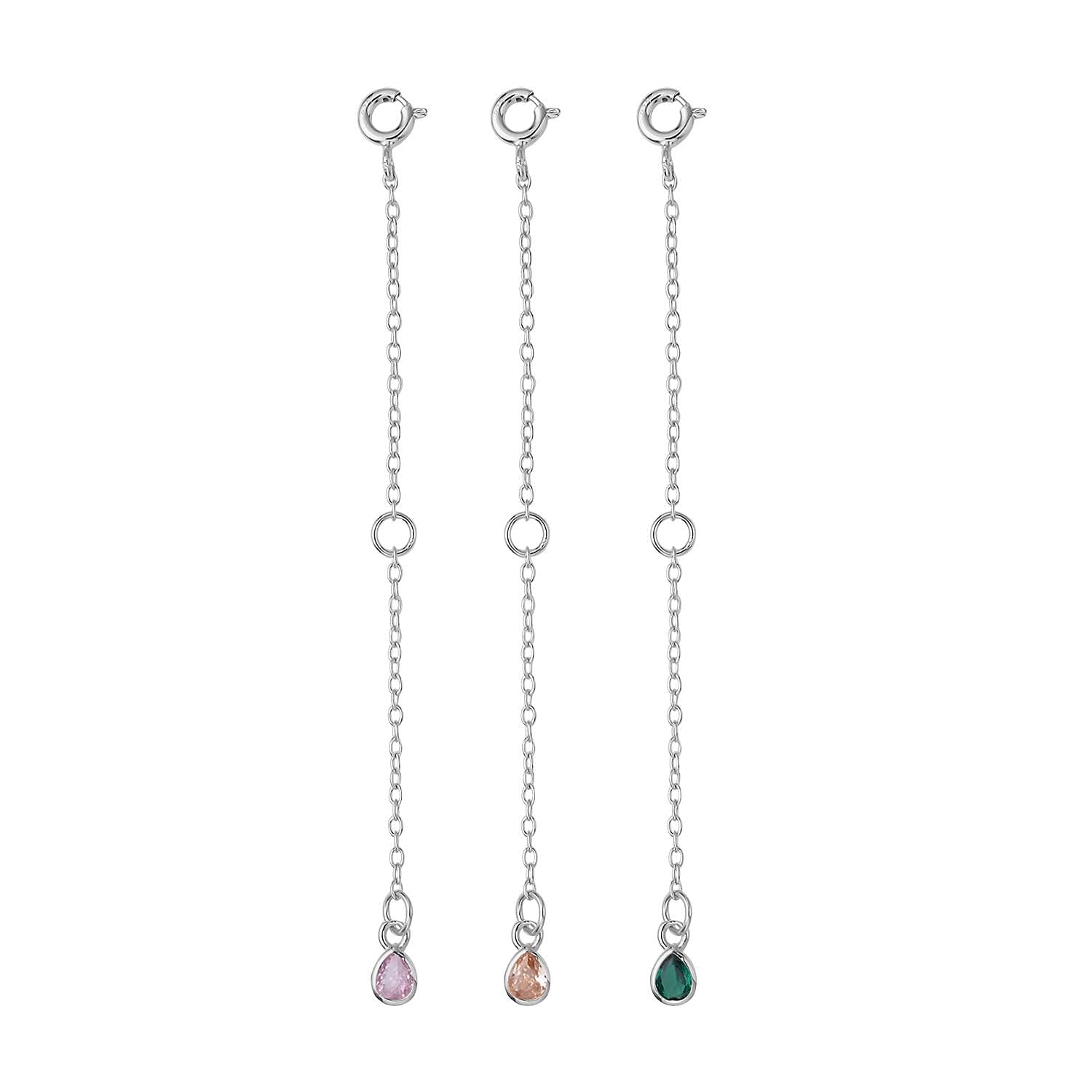 Set of 3 Simulated Champagne, Green and Pink Diamond Extender Rolo Chain with Spring Lock in Rhodium Over Sterling Silver 0.75 ctw