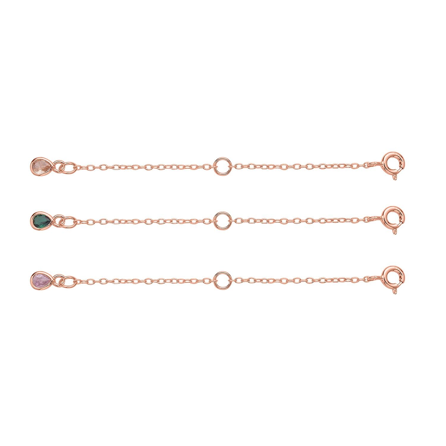 Set of 3 Simulated Champagne, Green and Pink Diamond Extender Rolo Chain with Spring Lock in 14K RG Over Sterling Silver 0.75 ctw