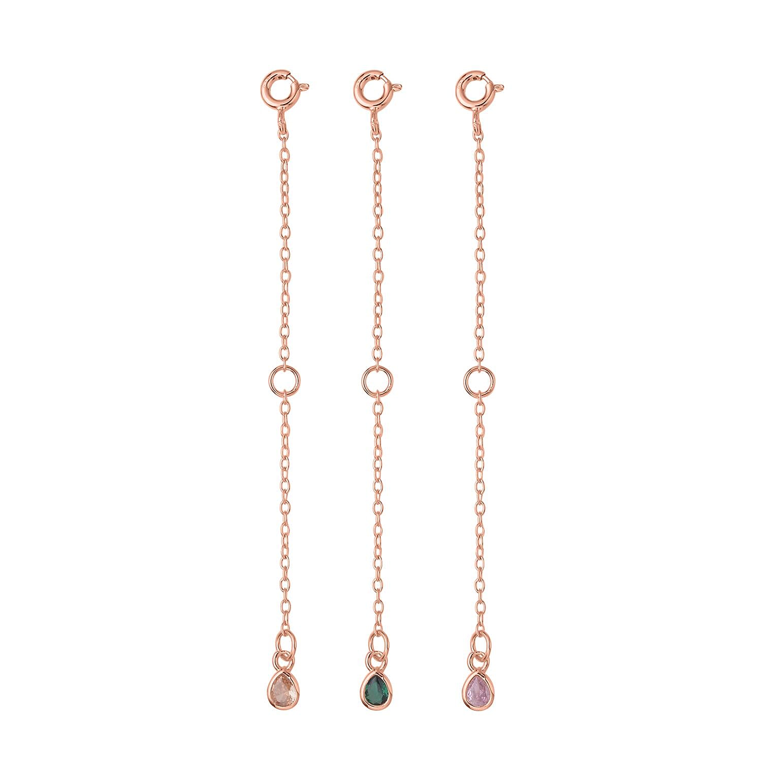Set of 3 Simulated Champagne, Green and Pink Diamond Extender Rolo Chain with Spring Lock in 14K RG Over Sterling Silver 0.75 ctw