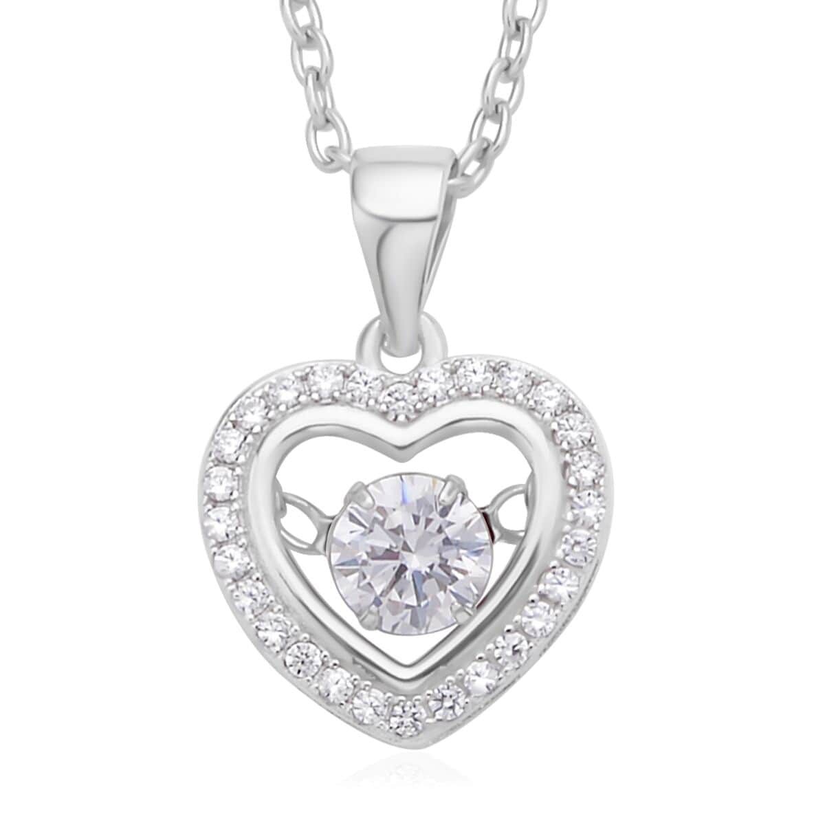 Simulated Diamond Heart Shape Dancing Pendant Necklace 20 Inches in Rhodium Over Sterling Silver and Stainless Steel 1.00 ctw image number 0