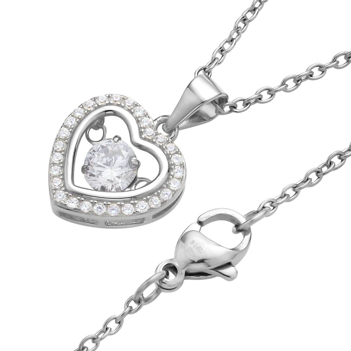 Simulated Diamond Heart Shape Dancing Pendant Necklace 20 Inches in Rhodium Over Sterling Silver and Stainless Steel 1.00 ctw image number 3