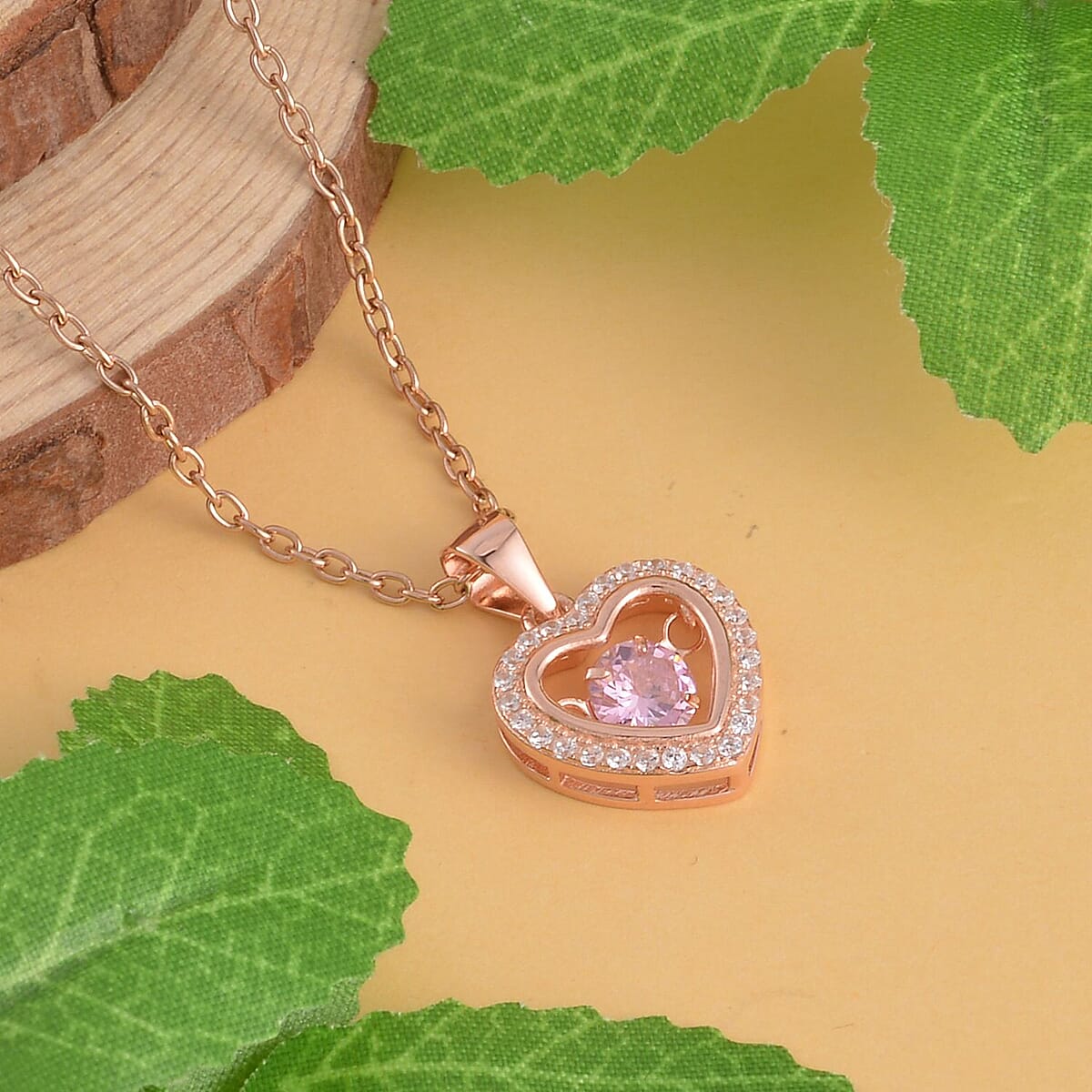 Simulated Pink and White Diamond Heart Shape Dancing Pendant in 14K RG Over Sterling Silver with ION Plated RG Stainless Steel Necklace 20 Inches 1.00 ctw image number 1