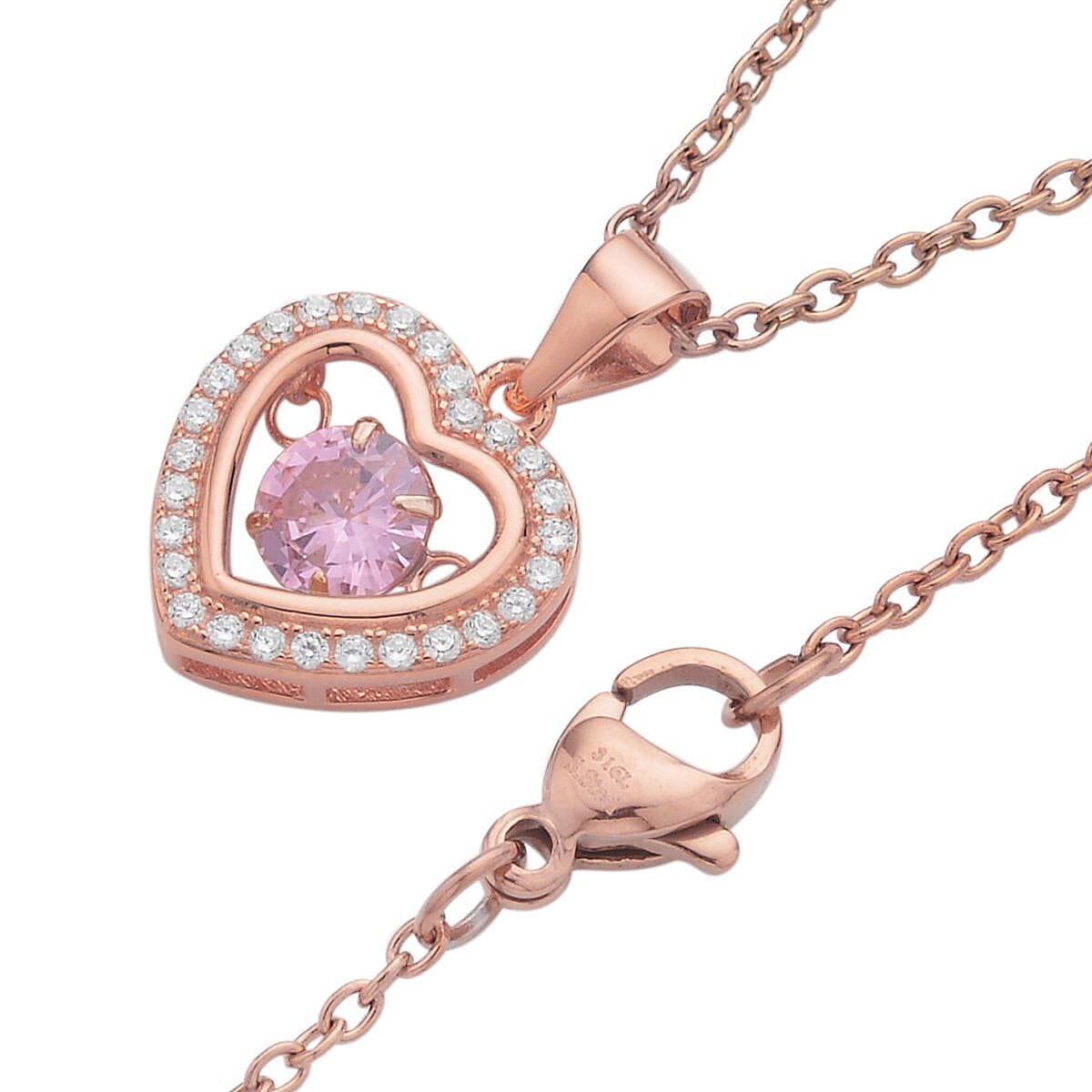 Simulated Pink and White Diamond Heart Shape Dancing Pendant in 14K RG Over Sterling Silver with ION Plated RG Stainless Steel Necklace 20 Inches 1.00 ctw image number 3