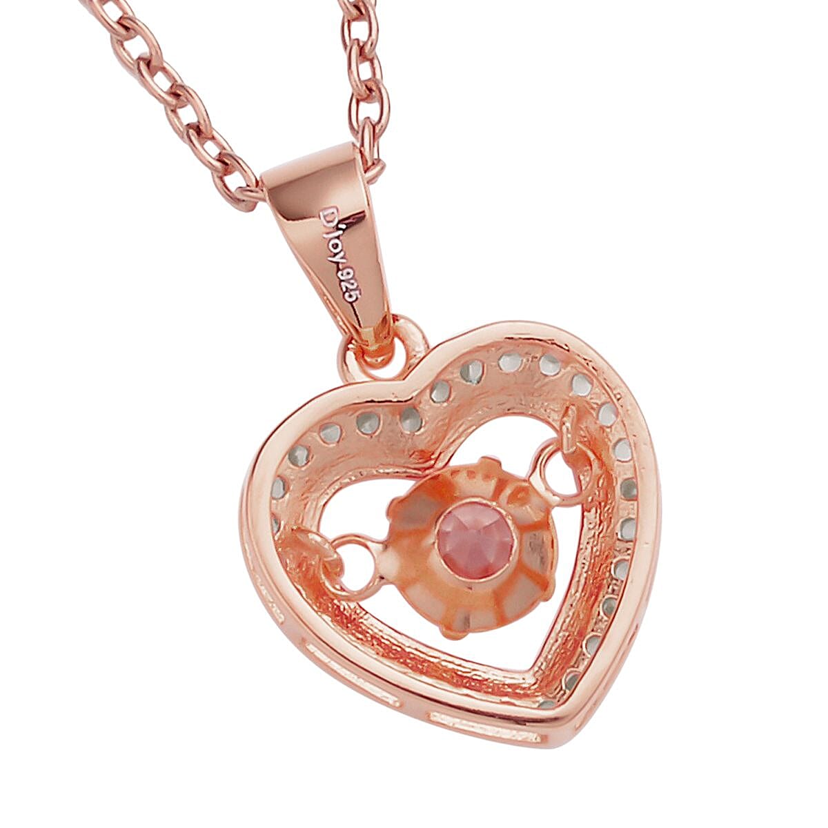 Simulated Pink and White Diamond Heart Shape Dancing Pendant in 14K RG Over Sterling Silver with ION Plated RG Stainless Steel Necklace 20 Inches 1.00 ctw image number 4