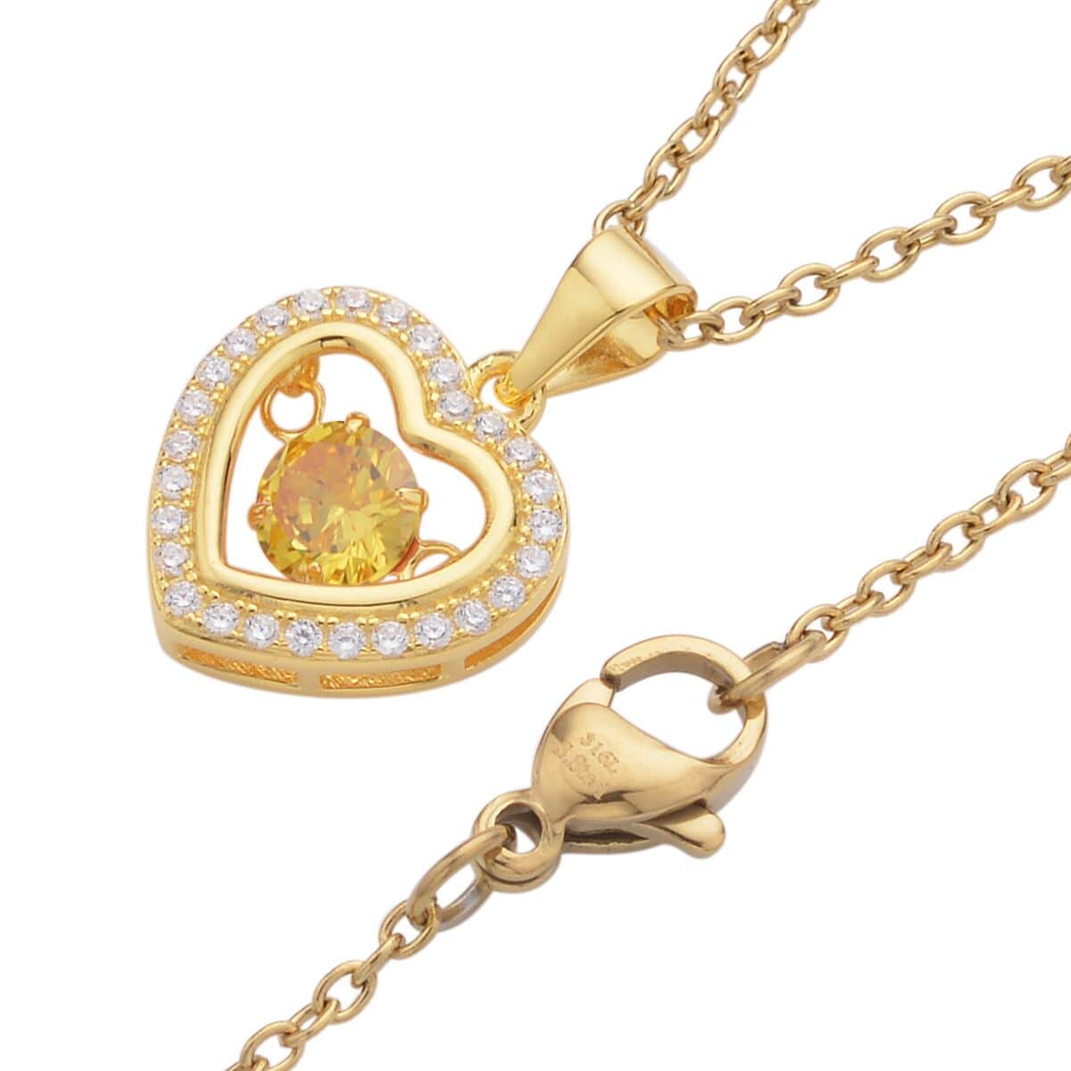 Simulated Yellow and White Diamond Heart Shape Dancing Pendant in 14K Yellow Gold Over Sterling Silver with ION Plated YG Stainless Steel Necklace 20 Inches 1.00 ctw image number 3