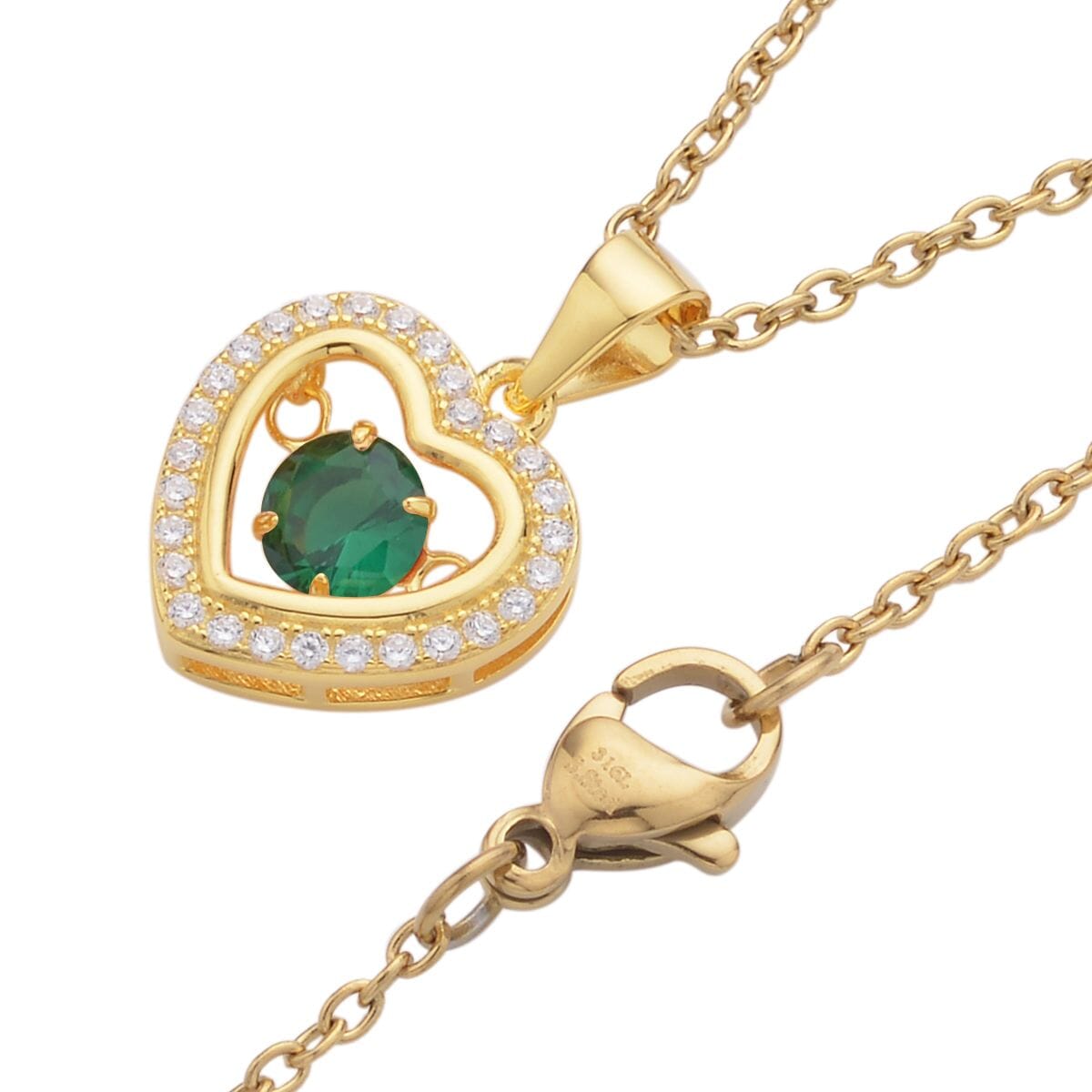 Simulated Green and White Diamond Heart Shape Dancing Pendant in 14K Yellow Gold Over Sterling Silver with ION Plated YG Stainless Steel Necklace 20 Inches 1.00 ctw image number 3