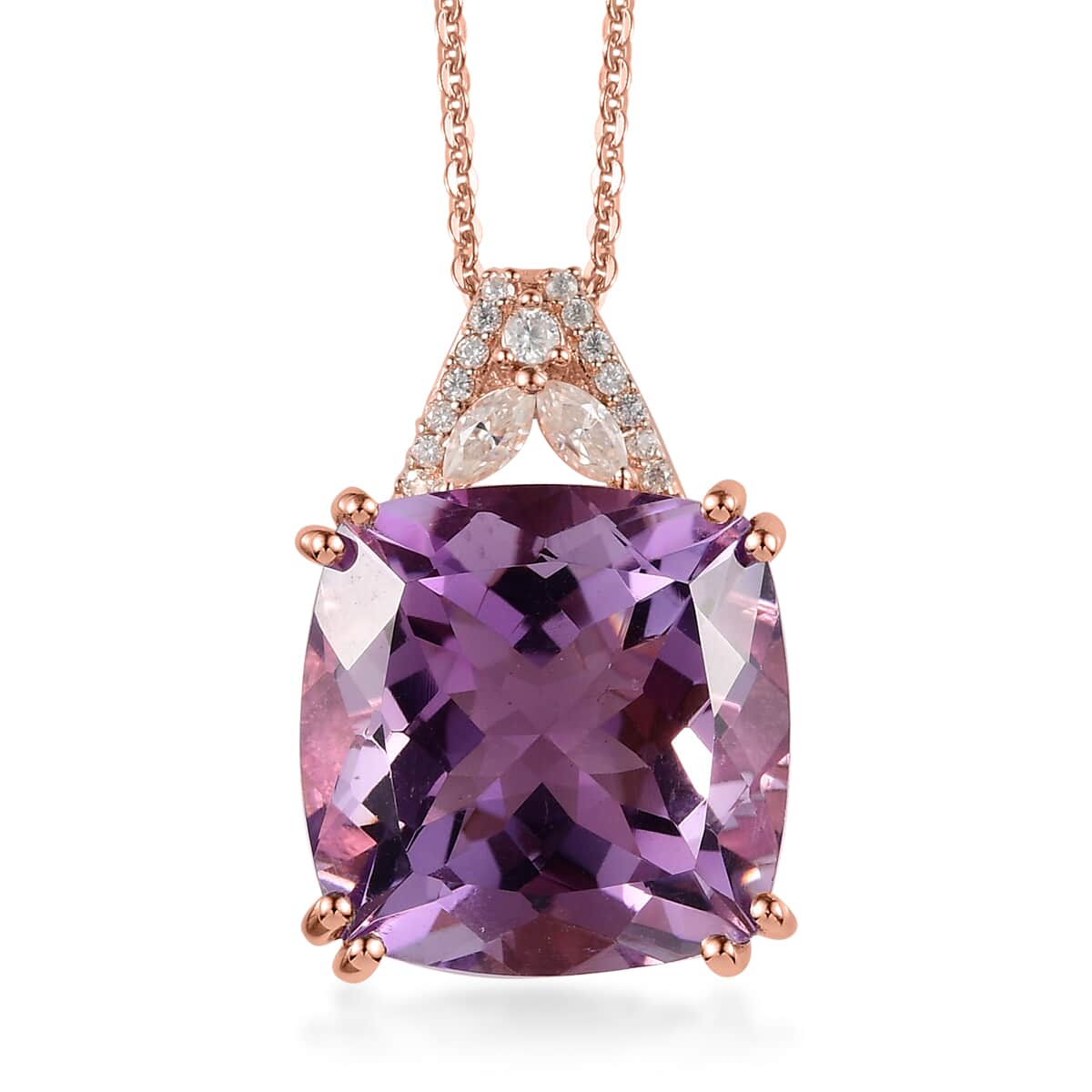 Rose De France Amethyst and Moissanite Pendant Necklace 20 Inches in Vermeil Rose Gold Sterling Silver 13.65 ctw image number 0