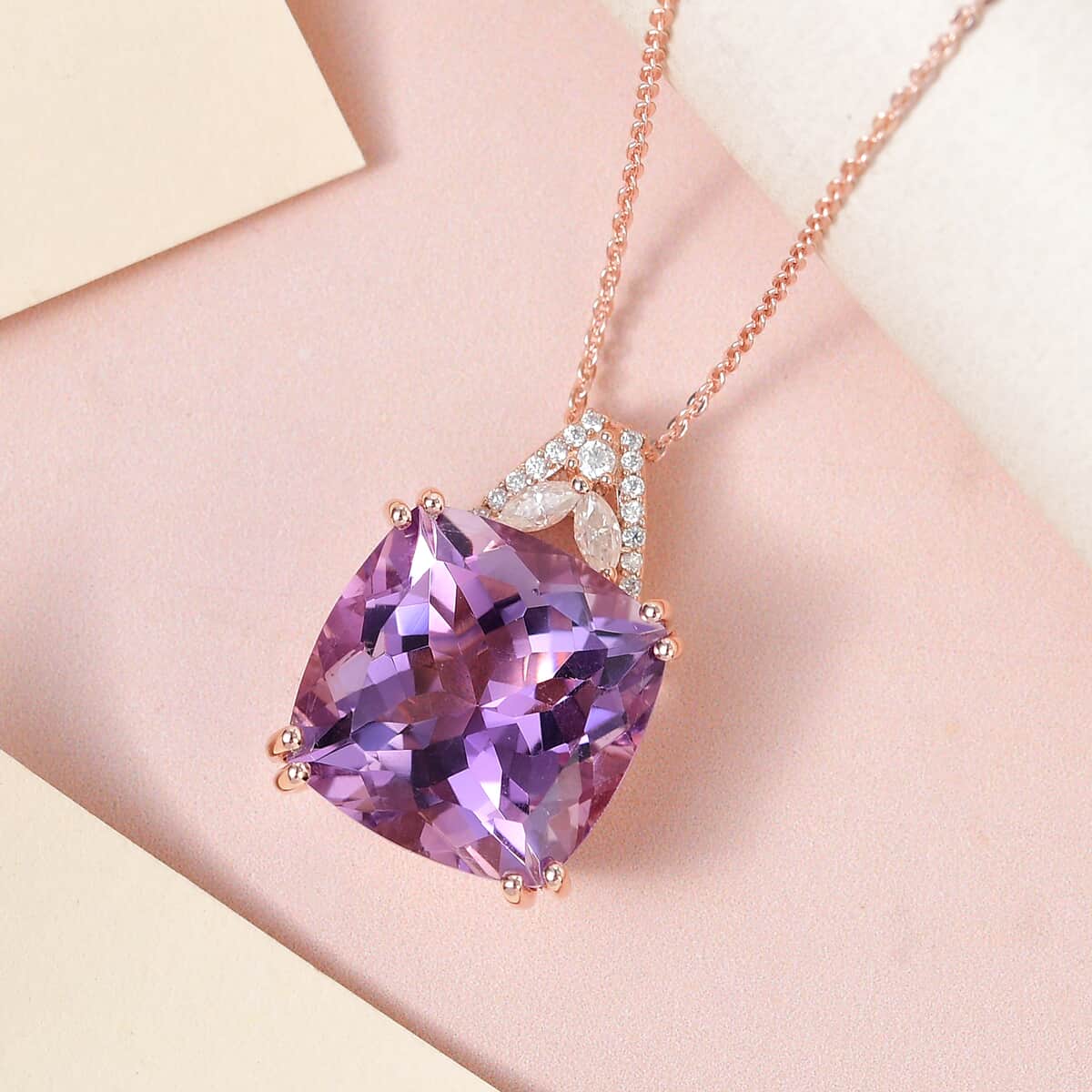 Rose De France Amethyst and Moissanite Pendant Necklace 20 Inches in Vermeil Rose Gold Sterling Silver 13.65 ctw image number 1