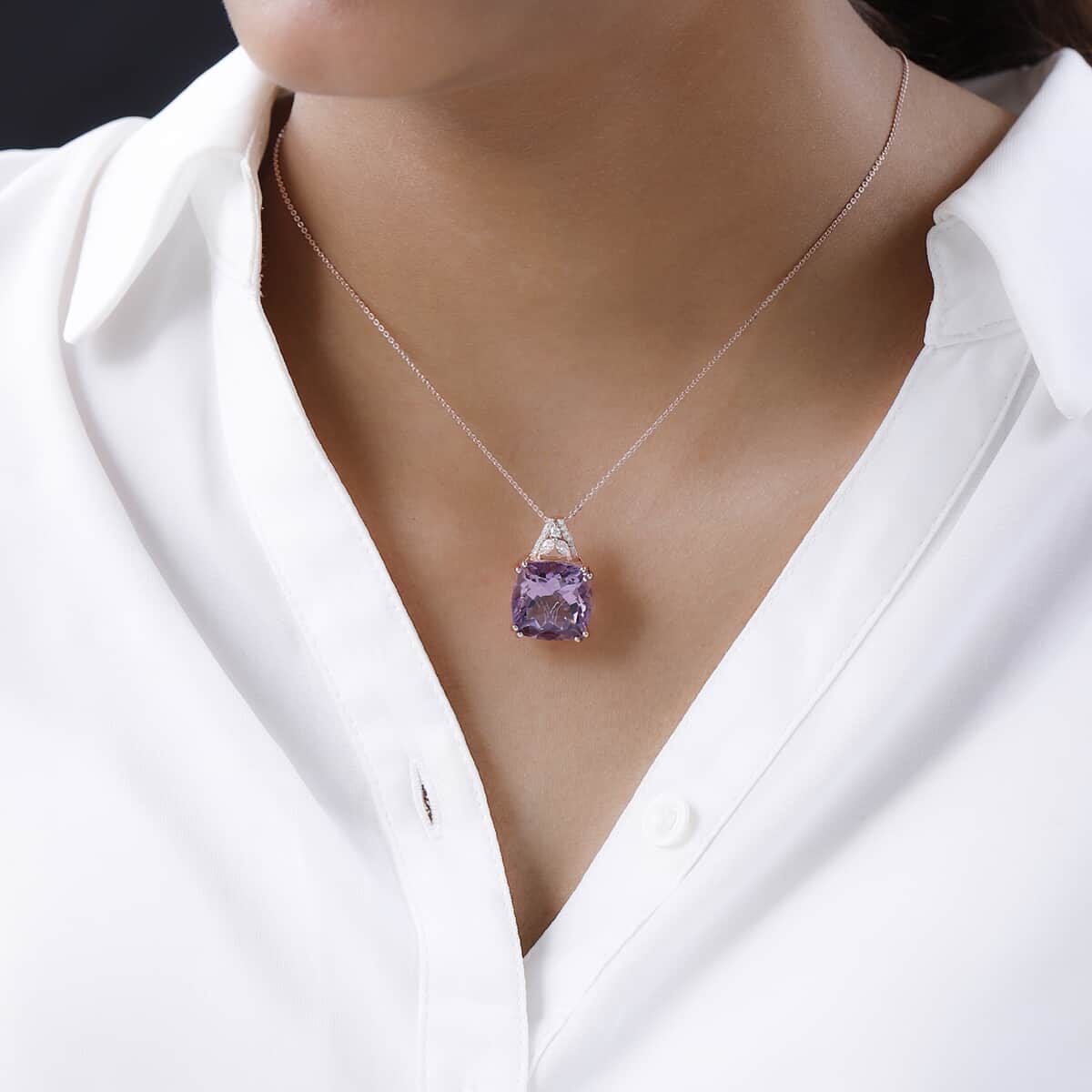 Rose De France Amethyst and Moissanite Pendant Necklace 20 Inches in Vermeil Rose Gold Sterling Silver 13.65 ctw image number 2