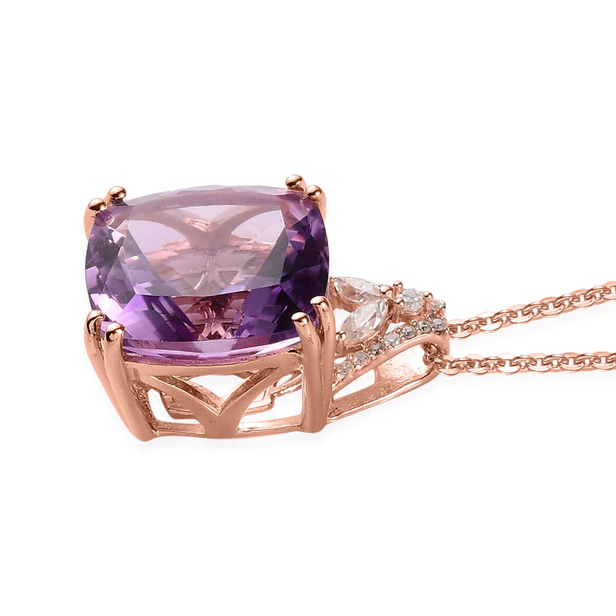 Rose De France Amethyst and Moissanite Pendant Necklace 20 Inches in Vermeil Rose Gold Sterling Silver 13.65 ctw image number 3