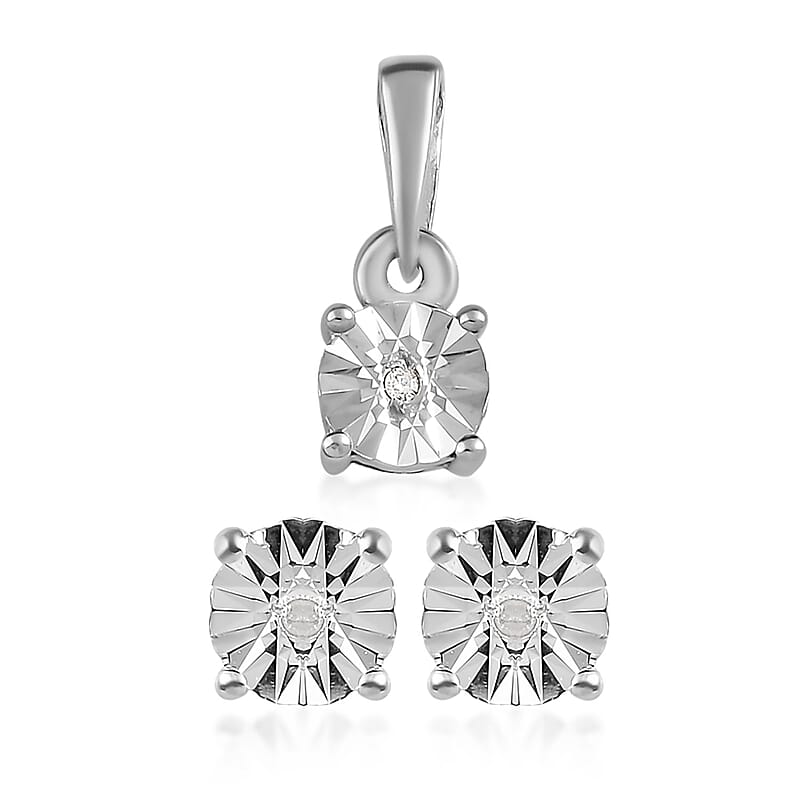 Diamond Accent Stud Earrings and Solitaire Pendant in Platinum Over Sterling Silver