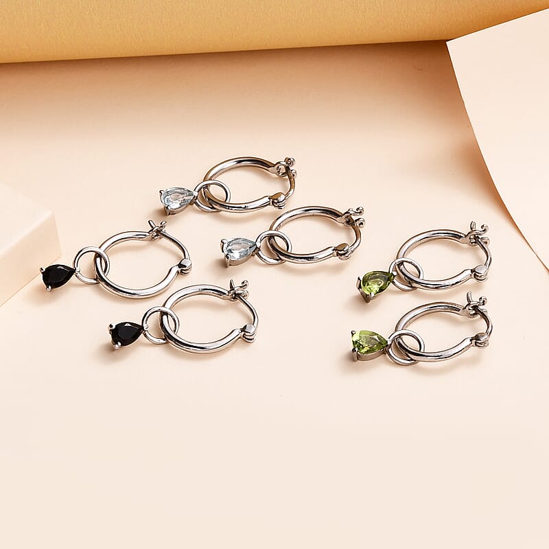 Set of 3 Peridot, Thai Black Spinel, Sky Blue Topaz Earrings in Stainless Steel 1.75 ctw , Tarnish-Free, Waterproof, Sweat Proof Jewelry