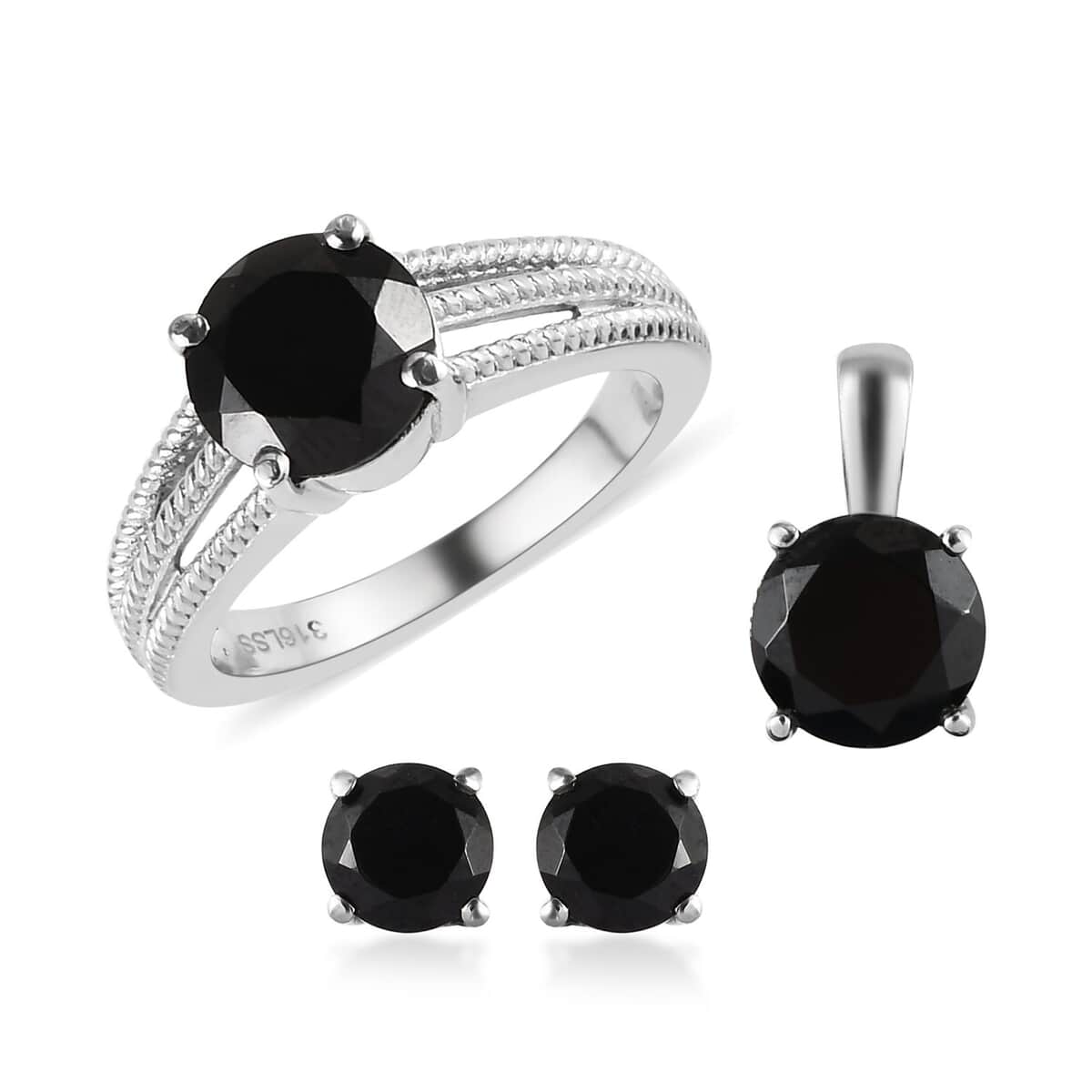 Natural Thai Black Spinel Solitaire Ring , Pendant and Solitaire Stud Earrings in Stainless Steel 7.15 ctw image number 0