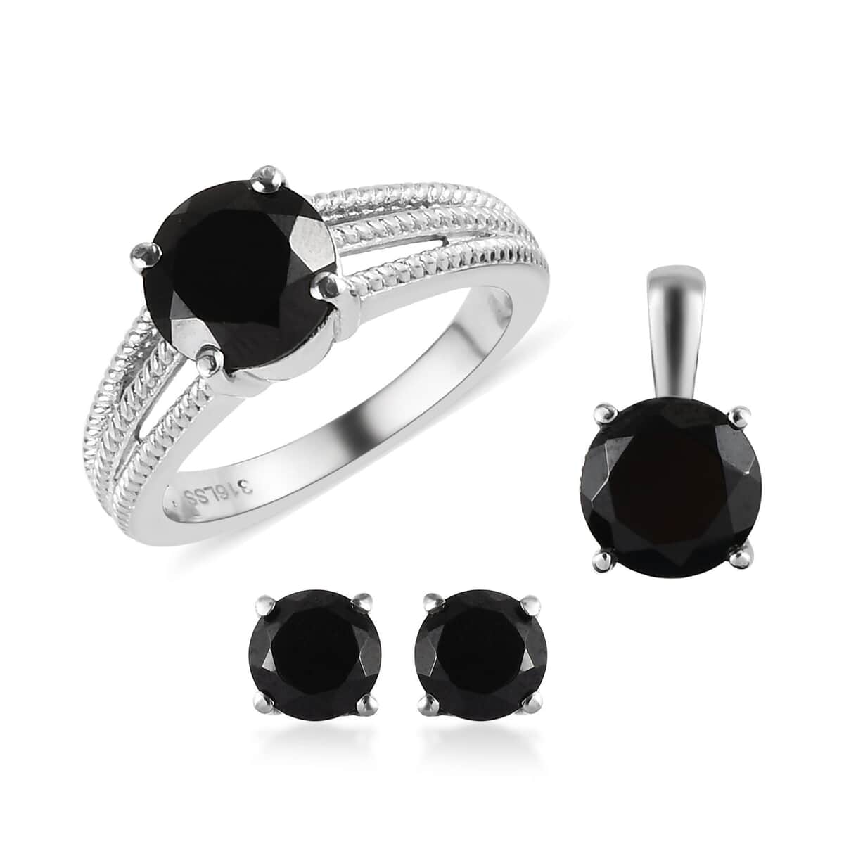 Thai Black Spinel Solitaire Stud Earrings, Ring (Size 7.0) and Pendant in Stainless Steel 6.90 ctw , Tarnish-Free, Waterproof, Sweat Proof Jewelry image number 0