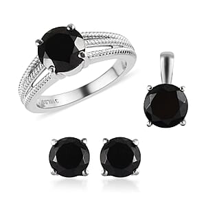 Thai Black Spinel Solitaire Stud Earrings, Ring (Size 8.0) and Pendant in Stainless Steel 6.90 ctw , Tarnish-Free, Waterproof, Sweat Proof Jewelry