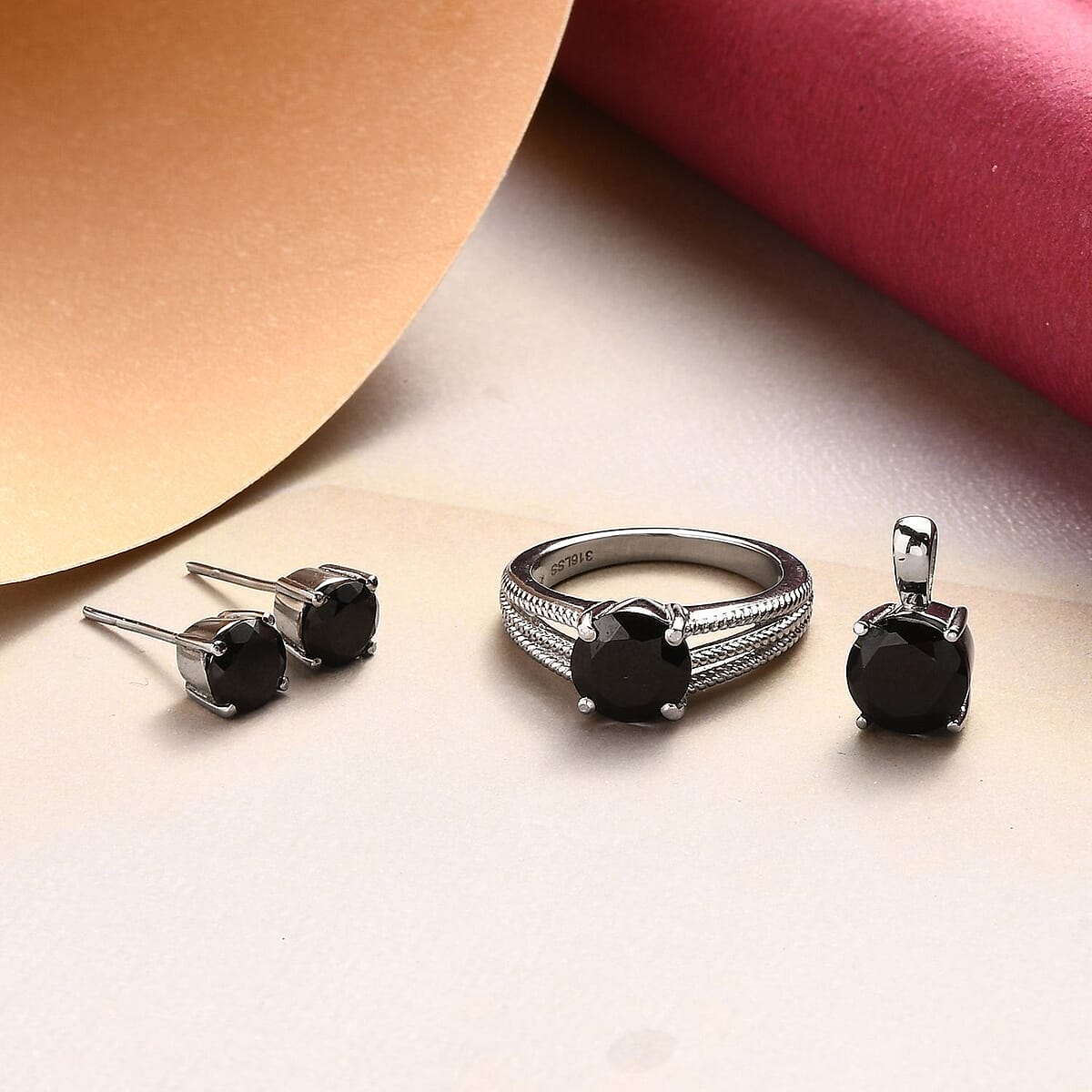 Thai Black Spinel Solitaire Stud Earrings, Ring (Size 8.0) and Pendant in Stainless Steel 6.90 ctw , Tarnish-Free, Waterproof, Sweat Proof Jewelry image number 1