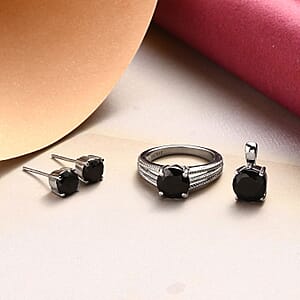 Thai Black Spinel Solitaire Stud Earrings, Ring (Size 8.0) and Pendant in Stainless Steel 6.90 ctw , Tarnish-Free, Waterproof, Sweat Proof Jewelry