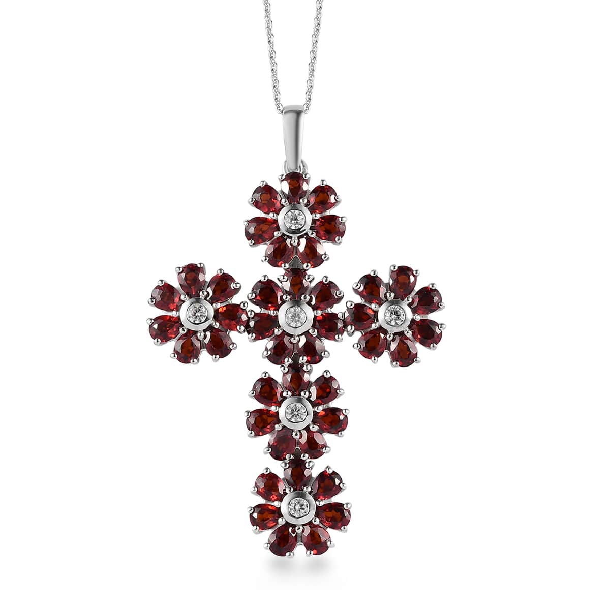 Mozambique Garnet and White Zircon Floral Cross Pendant Necklace 20 Inches in Platinum Over Sterling Silver 8.00 ctw image number 0