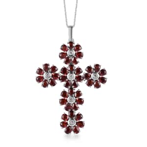 Mozambique Garnet and White Zircon Floral Cross Pendant Necklace 20 Inches in Platinum Over Sterling Silver 8.00 ctw