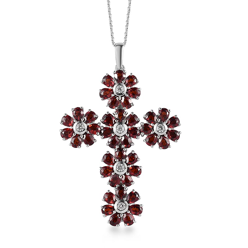 Mozambique Garnet and White Zircon Floral Cross Pendant Necklace 20 Inches in Platinum Over Sterling Silver 8.00 ctw