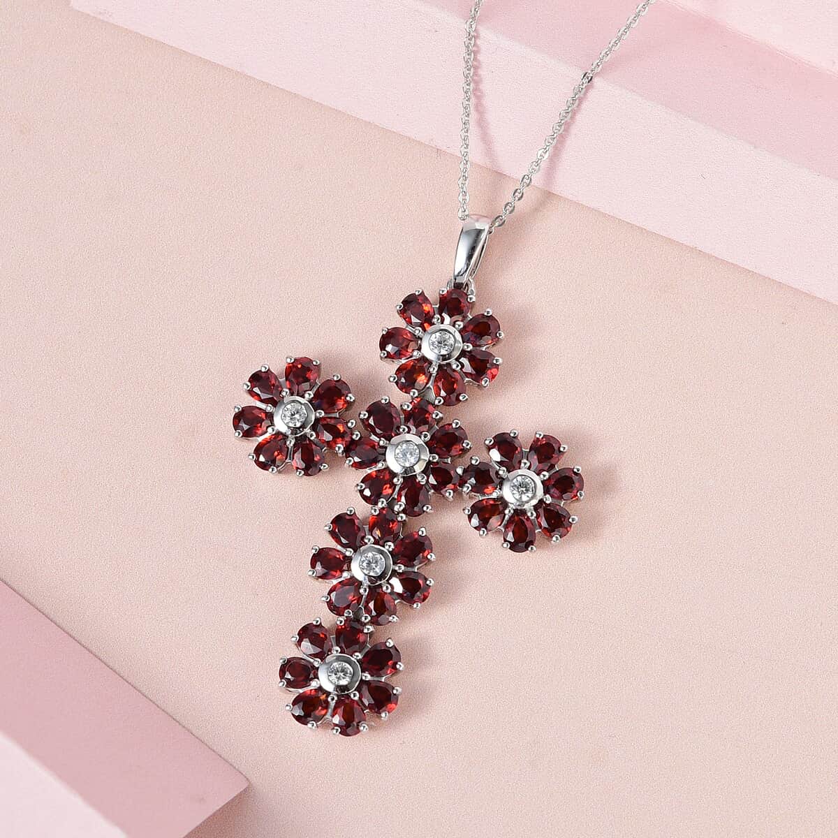 Mozambique Garnet and White Zircon Floral Cross Pendant Necklace 20 Inches in Platinum Over Sterling Silver 8.00 ctw image number 1