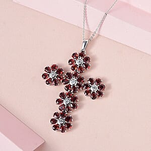 Mozambique Garnet and White Zircon Floral Cross Pendant Necklace 20 Inches in Platinum Over Sterling Silver 8.00 ctw