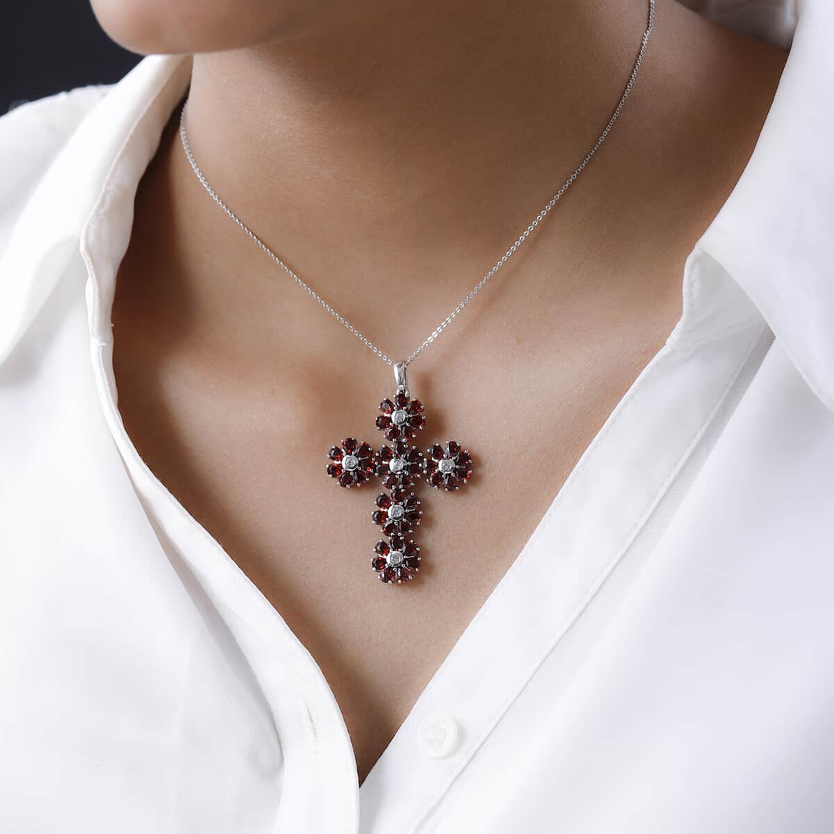 Mozambique Garnet and White Zircon Floral Cross Pendant Necklace 20 Inches in Platinum Over Sterling Silver 8.00 ctw image number 2