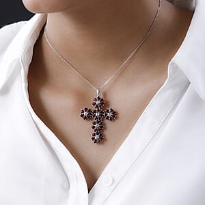 Mozambique Garnet and White Zircon Floral Cross Pendant Necklace 20 Inches in Platinum Over Sterling Silver 8.00 ctw