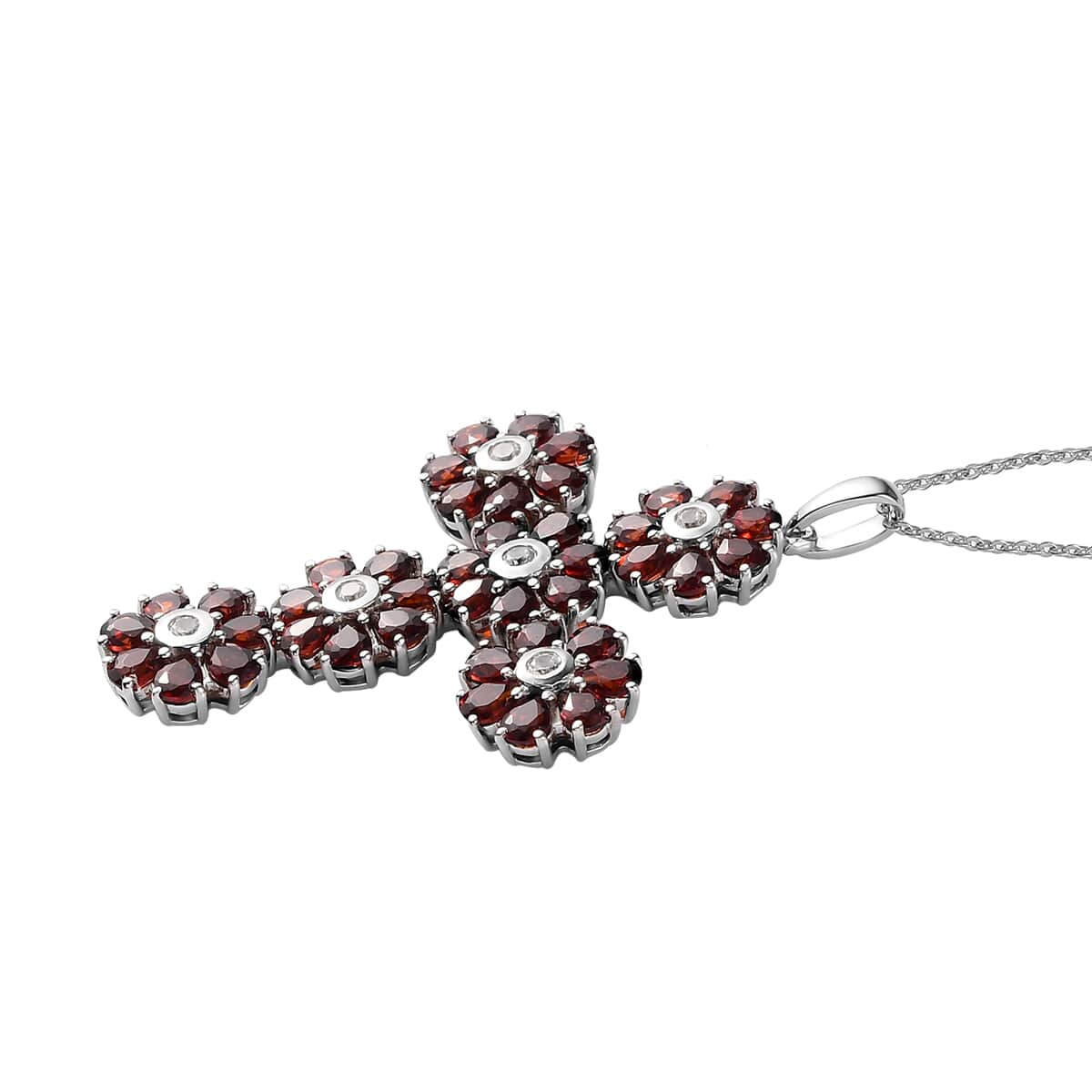 Mozambique Garnet and White Zircon Floral Cross Pendant Necklace 20 Inches in Platinum Over Sterling Silver 8.00 ctw image number 3