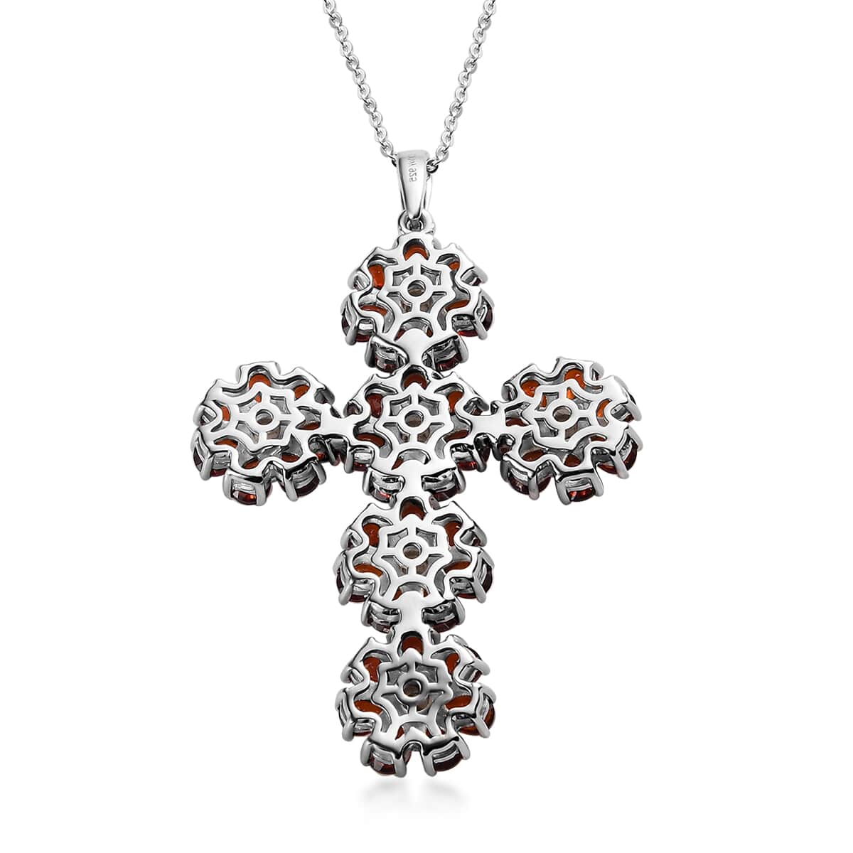 Mozambique Garnet and White Zircon Floral Cross Pendant Necklace 20 Inches in Platinum Over Sterling Silver 8.00 ctw image number 4