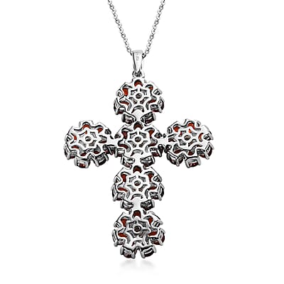 Mozambique Garnet and White Zircon Floral Cross Pendant Necklace 20 Inches in Platinum Over Sterling Silver 8.00 ctw