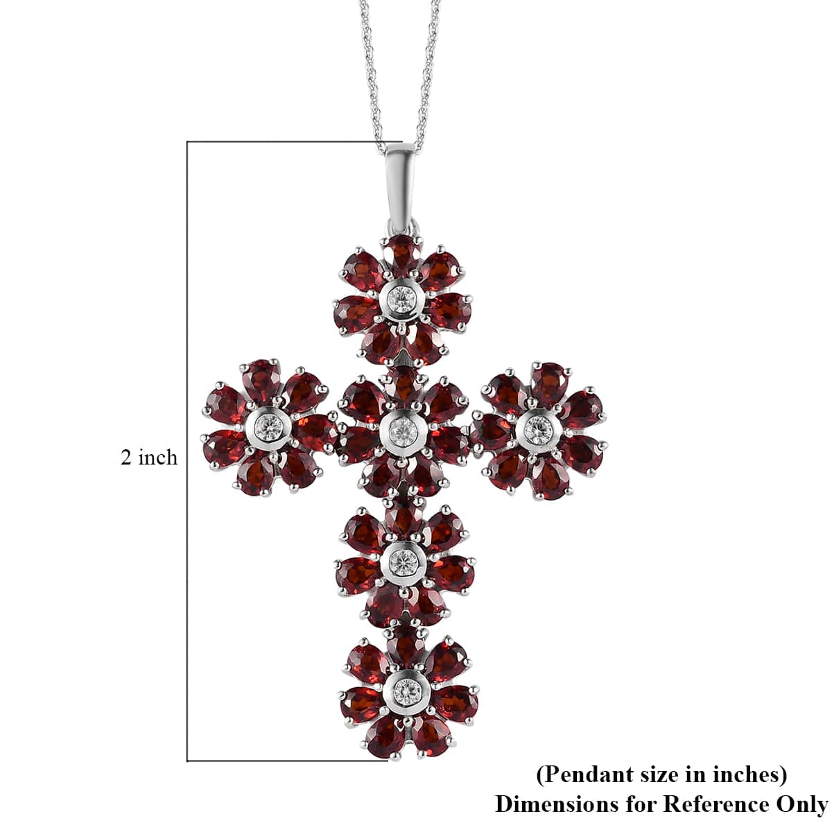 Mozambique Garnet and White Zircon Floral Cross Pendant Necklace 20 Inches in Platinum Over Sterling Silver 8.00 ctw image number 6