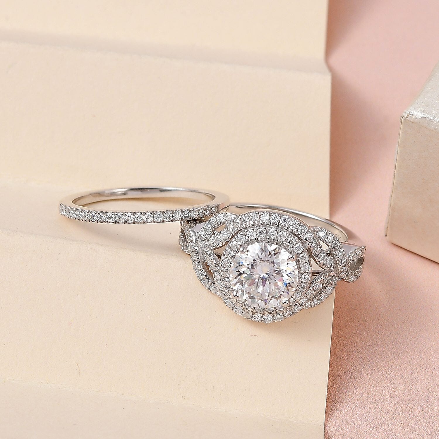 120 Facets Moissanite Stackable Ring in Platinum Over Sterling Silver (Size 5.0) 3.00 ctw