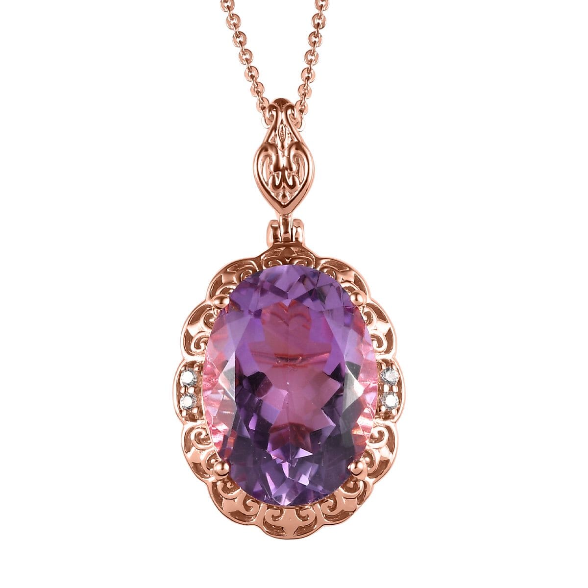 Rose De France Amethyst and White Zircon Pendant Necklace 20 Inches in Vermeil Rose Gold Over Sterling Silver 11.35 ctw image number 0