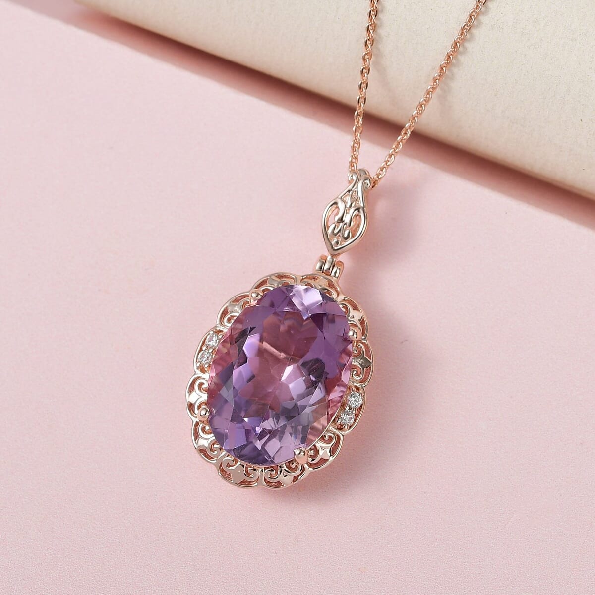 Rose De France Amethyst and White Zircon Pendant Necklace 20 Inches in Vermeil Rose Gold Over Sterling Silver 11.35 ctw image number 1