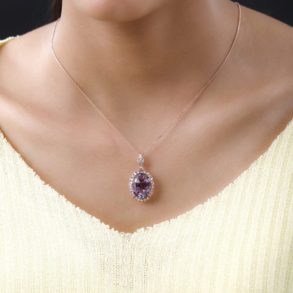 Rose De France Amethyst and White Zircon Pendant Necklace 20 Inches in Vermeil Rose Gold Over Sterling Silver 11.35 ctw image number 2